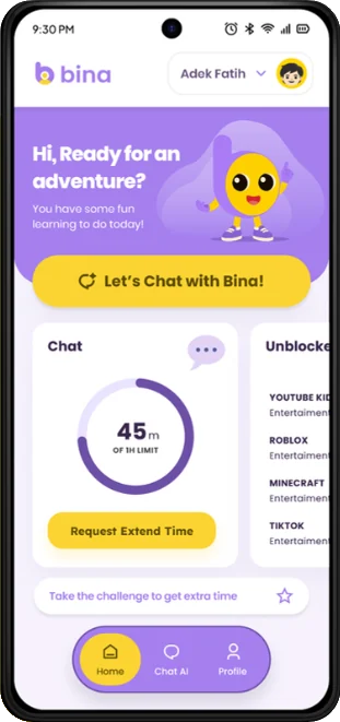 Bina kids app — home screen with chat time limit