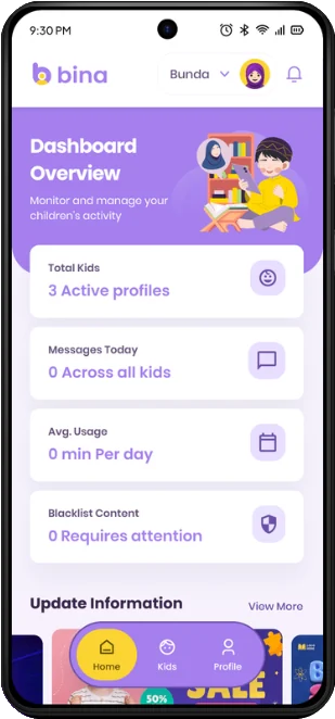 Bina parent app — dashboard overview